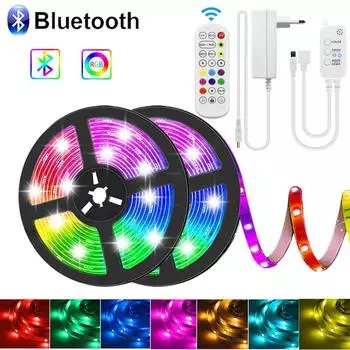 5M 10M 15M Bluetooth Управление музыкой Гибкая лента Диодный светодиодный светильник 5050 SMD RGB 12V Светодиодные ленты Умный домашний декор для вечеринки с адаптером ЕС или США 5M
