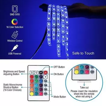 5M светодиодная USB-лента, меняющая цвет, 5050 RGB, гибкие светодиодные лампы с 24 клавишами для игровой комнаты, домашней вечеринки, подсветки телевизора, декора Various colors&5m