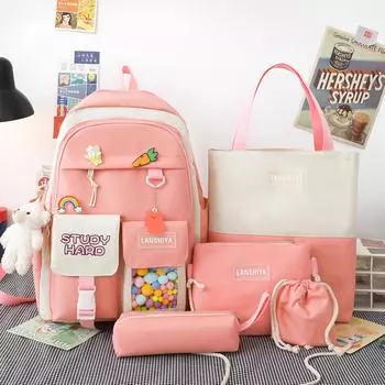 5pcs Cute Kawaii School Backpack for Girls Teenage Children Schoolbag Large Capacity Canvas Book Bag Women Travel Backpack Tote