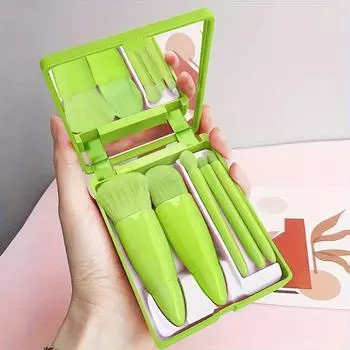5Pcs Portable Makeup Brush Set with Mirror Foldable Travel Kit Mini Makeup Brush Set Travel Makeup Brush Set зелёный