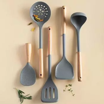 5Pcs Silicone Kitchen Utensils Set Non-stick Spatula Cookware Set Wooden Handle Fried Shovel Leaky Spoon Rice Spoon Kitchen Tool