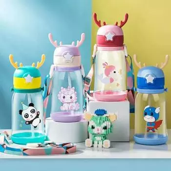 600 мл Antler Sippy Cup Kawaii Бутылка для воды с трубочкой Портативный детский герметичный кувшин Бутылки для спорта на открытом воздухе Детская посуда для питья 600ml зелёный