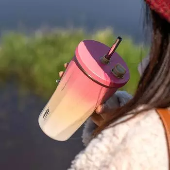 600ML Double Stainless Steel Thermal Flask With Retractable Straw Leak-Proof Coffee Tea Cold Drink Bottle Car Thermos Mug 600ml чёрный