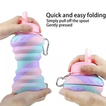 600ML Portable Retractable Silicone Bottle Folding Water Bottle Outdoor Travel Drinking Cup With Carabiner Collapsible Cup синий