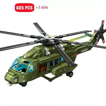 605 шт. Военный вертолет Сборка Строительные блоки MOC Вооруженные самолеты, Модели истребителей Самолеты Конструкторы Мальчики Игрушки Подарки