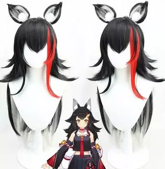 60 см Ookami Mio Vtuber Hololive парик для косплея, длинный черный вьющийся парик из синтетических волос для Хэллоуина + бесплатная шапочка для парика + уши оранжевый