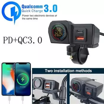 60 Вт QC3.0+PD Двойной USB-разъем для руля мотоцикла и заднего зеркала Быстрое зарядное устройство Адаптер питания для телефона Цифровой вольтметр Термометр