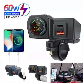 60 Вт QC3.0+PD руль мотоцикла и зеркало заднего вида с цифровым вольтметром термометром USB-разъемом быстрое зарядное устройство телефон адаптер питания