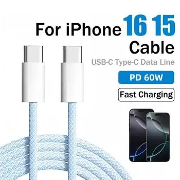 60 Вт PD USB C кабель для быстрой зарядки для iPhone 15 16 Pro Max 15 16 Plus Samsung Huawei Xiaomi Redmi Type C на Type C плетеный кабель 1m небесно-голубой