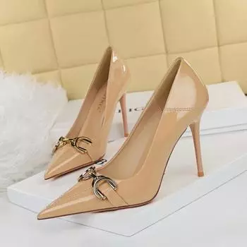 6122-7 European & American Stiletto High Heels - Women s Shiny Patent Leather, Pointed, with Metal Buckle 43