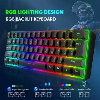 61 клавиша RGB подсветка 60% проводная игровая клавиатура, эргономичная водонепроницаемая мини компактная 60% механическая клавиатура для ПК чёрный
