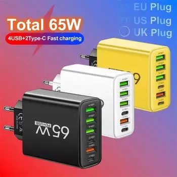 65 Вт 6 в 1 4 USB 2 Type C быстрая зарядка настенное зарядное устройство для iPhone Samsung Xiaomi Huawei Oppo мобильный телефон адаптер US Plug чёрный