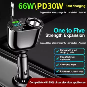 66 Вт 5 в 1 USB автомобильное зарядное устройство QC 3.0 быстрая зарядка PD Type C автомобильный прикуриватель разветвитель для iPhone Huawei Sumsung Xiaomi LED чёрный