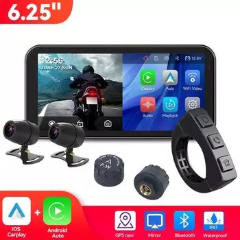6,25-дюймовый портативный смарт-плеер Carplay MP5 для мотоцикла, беспроводной Carplay Android, с передней и задней камерой, видеорегистратор для мотоцикла