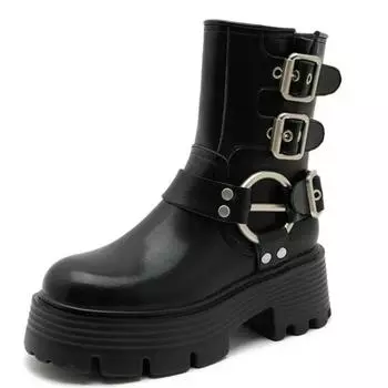 6.5CM Genuine Leather Women Metal Motorcycle Boots Breathable Platform Booties Women Shoes Women Auutmn Ankle Boots Punk Style 34 чёрный