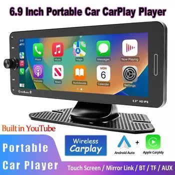 6,9-дюймовый портативный автомобильный радиоприемник, беспроводной Carplay HD IPS, сенсорный экран, плеер, зеркальная связь, FM-передатчик, DSP, встроенный Youtube