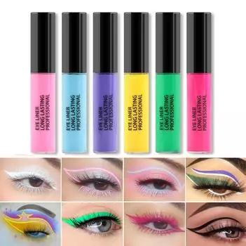 6 цветов Flatness Liquid Eye Liner Set Rainbow Colorful Neon Eye Liner Pencil Pigmented Waterproof Smudgeproof Long Lasting Gele Liner Eye Liner Makeup 2.5ml One Size