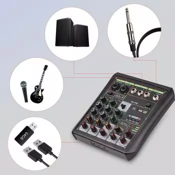 6-канальный аудиомикшер, фантомное питание, 48 В, микшерная консоль OTG, USB-MP3-плеер с записью звука BT чёрный