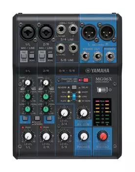 6-канальный микшерный пульт YAMAHA MG06X До 2 микрофонных и 6 линейных входов (2 моно + 2 стерео) Оснащен 6 типами высококачественных цифровых эффектов с использованием