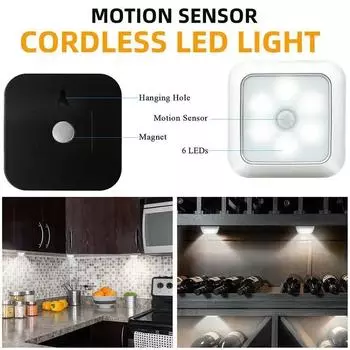 6 LED Motion Sensor Lights Indoor Stair Puck Light Cordless Step Night Light For Under Cabinet Hallway Stairway Closet Kitchen белый