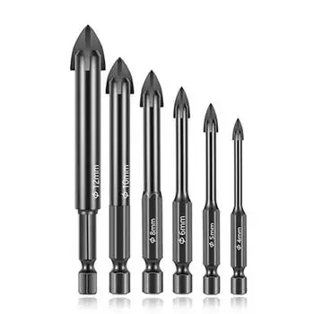 6 Pcs/Set Cemented Carbide Cross Hex Drill Bits Set,Professional Glass and Tile Drill Bits,Efficient Universal Drilling Tool чёрный