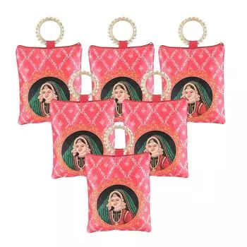 6 Pcs Silk Small Hand Bags for Women Stylish with Zip & Handle | Traditional Handheld Bags for Women | Ethnic Ladies Purse Handbag for Return Gifts