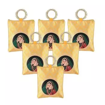6 Pcs Silk Small Hand Bags for Women Stylish with Zip & Handle | Traditional Handheld Bags for Women | Ethnic Ladies Purse Handbag for Return Gifts