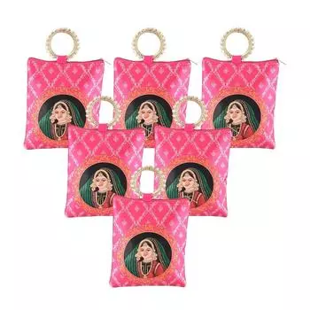 6 Pcs Silk Small Hand Bags for Women Stylish with Zip & Handle | Traditional Handheld Bags for Women | Ethnic Ladies Purse Handbag for Return Gifts
