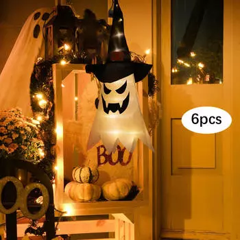 6 Pieces Halloween LED Ghost Light Hanging Ghosts for Patio Party Yellow Light