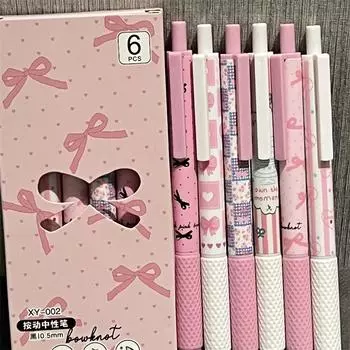 6 шт./кор. гелевые ручки розового цвета Sweet American для детей, канцелярские принадлежности для торта с бантом, гелевая ручка 0,5 мм с черными чернилами для письма