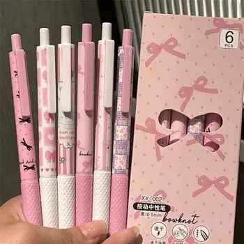6 шт./кор. гелевые ручки розового цвета Sweet American для детей, канцелярские принадлежности для торта с бантом, гелевая ручка 0,5 мм с черными чернилами для письма
