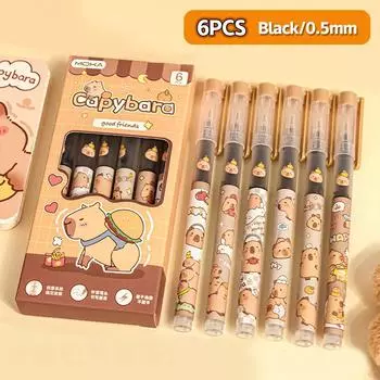 6 шт. Набор гелевых ручек Kawaii Cute Capybara, мультяшные быстросохнущие ручки нейтрального оттенка, эстетические канцелярские принадлежности для школы и офиса