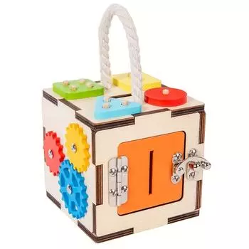 6 Sided Multifunctional Busy Box Recycled Wood Educational Toy for Youngsters 3+ Years, Hand Eye Coordination,Shape/Color Recognition Training Busybox
