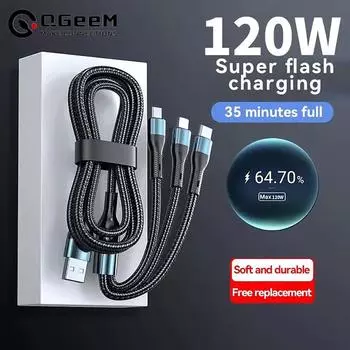 6A 120W 3 в 1 USB Type C кабель для быстрой зарядки телефона зарядное устройство шнур для передачи данных для iPhone Samsung Xiaomi Huawei быстрая зарядка Micro USB провод 1.2M чёрный