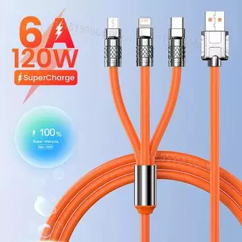6A 120W 3in1 2in1 USB кабель для быстрой зарядки для iPhone 14 Micro USB Type-C 8-контактный кабель для зарядки для Huawei Samsung Xiaomi проводной шнур 1.2M оранжевый