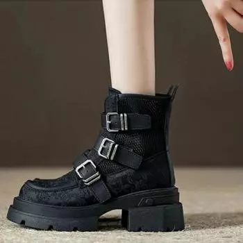 6CM Comfortable Increase Thick Bottom Hollow Boots Women 2024Summer New Mesh Breathable Short Boots Casual Thick Heel Mesh Boots 35 чёрный
