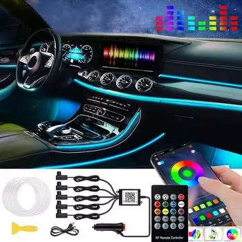 6IN1 8M RGB LED Атмосфера Интерьер автомобиля Окружающий свет Волоконно-оптические полосы Свет с помощью приложения Управление Неоновые светодиоды Авто Декоративные cigarette lighter