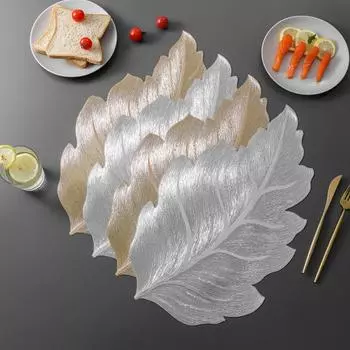 6Pcs Kitchen Placemat Set High Temperature Resistant Gold-Stitched Leaf Shape Dining Place 6pcs серебряный