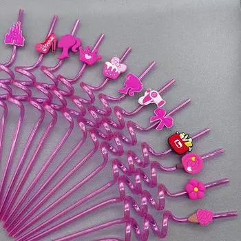 6Pcs Pink Theme Party Pink Princess Party Cartoon Spiral Straw Party Beverage and Beverage Decoration Supplies
