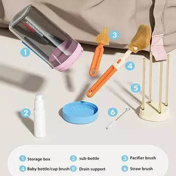 6pcs Portable bottle brush set, bottle, nipple, straw bucket, travel portable bottle cleaning brush, drain rack,for travel,home синий