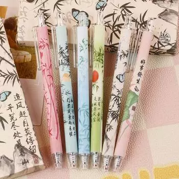 6PCS/Set High Quality ST Tip Gel Pen Press Type 0.5mm Black Ink Neutral Pen Soft Grip Chinese Style Ballpoint Pen Gift