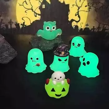 6Pcs/set Luminous Halloween Ornament Cartoon Owl Ghost Pumpkin Doll Micro Landscape Decoration Dollhouse Miniature Toy one size