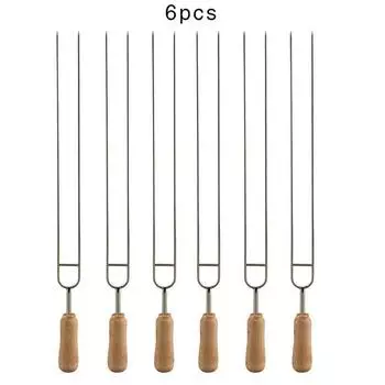 6Pcs/set Wood BBQ Fork U-shaped Anti-scalding Double Baking Stick Stainless Steel Outdoors Picnic Long Handle Roasting Fork 39CM
