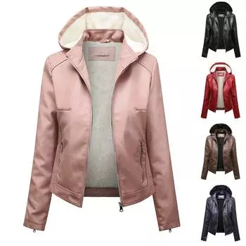 6XL Cross Border Hooded Velvet Leather Jacket For Women Съемная кожаная куртка большого размера для женщин и куртка из искусственной кожи для женщин M розовый
