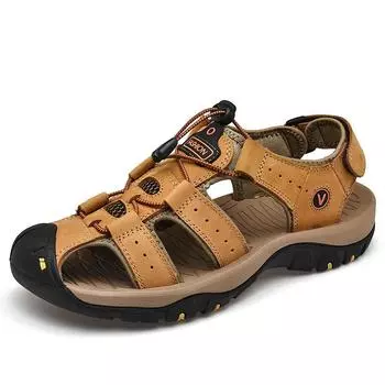7239 Summer Men s Shoes Outdoor Beach Shoes Large Size Sandals Baotou Velcro Leather Top Cow Shoes 38 синий