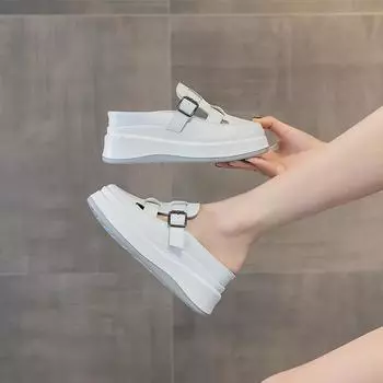 7.5CM Patent Genuine Leather Platform Summer Hollow Weaving Breathable Pumps 2025 Spring Chunky Heels Mary Jane Slipper Shoes 34