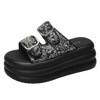 7.5cm Summer Women Chunky Slippers Beach Flip-Flops Wedge Heels Shoes Woman High Platform Slippers Outside Sandals Retro style 34 чёрный