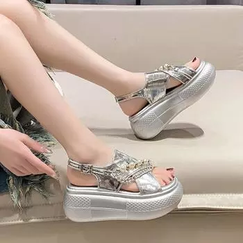 7.5cm Women s String Bead Chunky Sandals New Summer Thick Bottom Wedges Beach Slippers Woman Fashion High Platform Sandals Mujer 34 серебряный