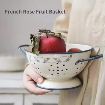 7 ДЮЙМОВ Rosa Floral Fruits Bowl Kitchen Drain Draining Draining Corind For Vegetables Fruits Washing with Handles Desert Serve Tray