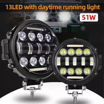 7-дюймовые 51W13LED круглые светодиодные фонари прожекторы супер яркие внедорожные светодиодные фонари регулируемый кронштейн для крепления дневные ходовые огни чёрный